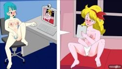 2girls animated anus bad_launch blue_hair blush breasts bulma_briefs dragon_ball dragon_ball_(classic) female female_only launch longer_than_30_seconds masturbation multiple_girls naked nipples nude nude_female pedroillusions pussy tagme video yuri