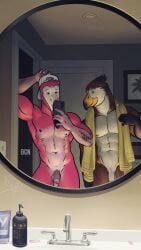 abs anthro avian backwards_baseball_cap backwards_hat balls baseball_cap bathroom bathroom_sink beak bgn biceps bird bottle clothing container duo dylan_(bgn) feathers flaccid flamingo genitals hat headgear headwear hi_res humanoid_genitalia humanoid_penis male mammal mirror mirror_selfie muscular muscular_anthro muscular_male nipples nude pecs penis pink_body pink_feathers selfie text towel towel_around_neck