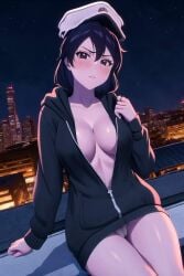 1girls ai_generated bambietta bambietta_basterbine barely_visible_genitalia bleach female female_only hoodie_only mostly_nude open_jacket open_topwear sitting tagme