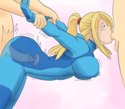 1boy 1girls arm_grab bent_over blonde_hair blue_eyes breasts covered_nipples cum cum_in_pussy cum_inside face_fucking female female_focus gigabit group_sex hand_pulled_back irrumatio large_breasts male metroid mmf_threesome nintendo oral ponytail samus_aran sex solo_focus spitroast threesome vaginal_penetration x-ray zero_suit zero_suit_samus