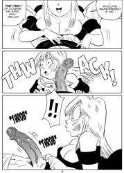 1boy 1girls big_breasts big_penis black_and_white breasts cock_shock comic dragon_ball funsexydragonball krillin kuririn maron monochrome page_5 slap slapping_with_penis sweatdrop