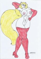 animaniacs anthro big_breasts big_hips blonde_fur blonde_hair eyeshadow furry marlon64 minerva_mink mink naked_boots naked_female naked_gloves pose traditional_art traditional_media_(artwork) warner_brothers white_background white_fur