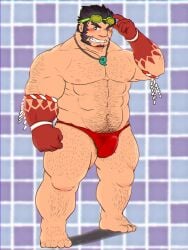 balls bara black_hair blush body_hair bulge facial_hair goujuyu male male_only muscles muscular one_eye_closed penis solo solo_male tajikarao_(tokyo_afterschool_summoners) tokyo_afterschool_summoners underwear underwear_only wink