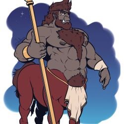 1boy abs animal_penis armlet bara beard body_fur centaur centauroid chest_tuft collaboration_request dark-skinned_male dark_skin eyepatch facial_hair feet_out_of_frame frown highres horse_penis k0utato large_pectorals looking_ahead male_focus male_only mature_male monster_boy muscular muscular_male navel navel_hair nipples orc original pectorals pelvic_curtain penis pointy_ears red_fur solo solo_male standing stomach strongman_waist taur thick_eyebrows tusks