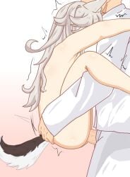 1boy 1girls azur_lane bottomless carrying_position clothed_sex grey_hair making_love nude_female sex standing_sex upright_straddle vaginal_penetration wolf_ears wolf_girl wolf_tail yuudachi_(azur_lane)