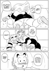 1boy 1girls big_breasts black_and_white blush breasts bulge comic dragon_ball funsexydragonball krillin kuririn maron monochrome page_4 panties sweat