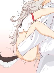 1boy 1girls azur_lane bottomless bottomless_female carrying_position clothed_sex cum cum_drip cum_in_pussy cum_inside ejaculation grey_hair making_love overflow sex standing_sex upright_straddle vaginal_penetration white_shirt wolf_ears wolf_girl wolf_tail yuudachi_(azur_lane)