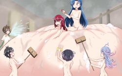 akazukin_(mary_skelter) alice_(mary_skelter) bath bathing bigger_than_canvas black_hair blue_hair breasts_bigger_than_body breasts_bigger_than_head breasts_bigger_than_torso breasts_on_floor brown_hair cinderella_(mary_skelter) colossal_breasts female gigantic_breasts huge_breasts hyper hyper_breasts immobile little_mermaid_(mary_skelter) long_hair lying_on_breasts lying_on_self mary_skelter multiple_girls nude otsuu_(mary_skelter) oyayubihime_(mary_skelter) red_hair short_hair tagme tokidokisuiyobi too_big_to_move