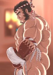 balls bara big_penis black_hair boner erection erection_under_skirt facial_hair fundoshi fundoshi_only male male_only muscles muscular nejiri_hachimaki penis solo solo_male sweat sweating tajikarao_(tokyo_afterschool_summoners) takuang1919 tokyo_afterschool_summoners