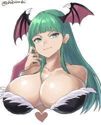 1girls 2d 2d_(artwork) bat_wings big_breasts black_outfit breasts bust busty capcom chikoinochi cleavage darkstalkers green_eyes green_hair hand_on_head head_wings large_breasts looking_at_viewer morrigan_aensland smile smirk succubus