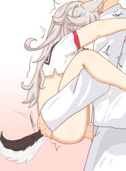 1boy 1girls azur_lane bottomless bottomless_female carrying_position clothed_sex grey_hair making_love sex standing_sex upright_straddle vaginal_penetration white_shirt wolf_ears wolf_girl wolf_tail yuudachi_(azur_lane)