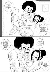 1boy 1girls ass ass_grab big_ass big_breasts black_and_white blush breasts chichi dragon_ball dragon_ball_super dragon_ball_z funsexydragonball larger_male monochrome mr._satan one_eye_closed