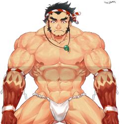 balls bara black_hair bulge facial_hair fundoshi fundoshi_only hokipong male male_only muscles muscular nejiri_hachimaki penis solo solo_male tajikarao_(tokyo_afterschool_summoners) tokyo_afterschool_summoners