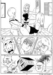 1boy 2girls android_18 angry big_breasts black_and_white blush breasts comic dragon_ball dragon_ball_super dragon_ball_z funsexydragonball krillin kuririn maron monochrome nipples page_14 sweat thighhighs to_be_continued