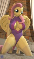 3d_(artwork) absurd_res anthro anthrofied antonsfms barely_visible_genitalia barely_visible_pussy big_breasts breasts cleavage_cutout clothed clothing digital_media_(artwork) equid equine feathers female fluttershy_(mlp) friendship_is_magic genitals hair hasbro hi_res kneeling mammal my_little_pony pegasus pink_hair pussy solo wings yellow_body yellow_feathers