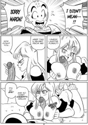 1boy 1girls big_breasts big_penis black_and_white breasts comic dragon_ball funsexydragonball kissing kissing_penis krillin kuririn maron monochrome nipples page_6 paizuri sweatdrop