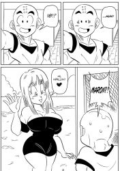 1boy 1girls big_breasts black_and_white breasts comic dragon_ball dragon_ball_super dragon_ball_z dress funsexydragonball krillin kuririn maron monochrome page_2 strapless_dress surprised