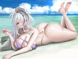 1girls 2d 2d_(artwork) anti_kumo ass azur_lane beach bikini breasts female female_focus female_only huge_breasts large_ass light-skinned_female light_skin long_hair outdoors pale-skinned_female pale_skin purple_eyes sakura_empire_(azur_lane) solo solo_female solo_focus unzen_(azur_lane) unzen_(sojourn_through_clear_seas)_(azur_lane) water white_hair