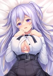 absurdres after_paizuri black_skirt blush breasts button_gap cleavage_cutout clothing_cutout commission covered_nipples cum cum_on_body cum_on_breasts female gakusen_toshi_asterisk highres large_breasts long_hair long_sleeves looking_at_viewer on_bed open_mouth pixiv_commission purple_eyes purple_hair shirt skirt solo toudou_kirin underbust wakagi_repa white_shirt