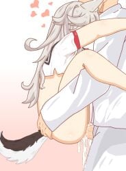 1boy 1girls azur_lane bottomless bottomless_female carrying_position clothed_sex cum cum_drip cum_in_pussy cum_inside grey_hair making_love overflow sex standing_sex upright_straddle vaginal_penetration white_shirt wolf_ears wolf_girl wolf_tail yuudachi_(azur_lane)