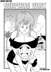 1boy 1girls big_breasts black_and_white breasts comic comic_cover cover_page dragon_ball dragon_ball_super dragon_ball_z funsexydragonball krillin kuririn looking_at_partner looking_down maron monochrome