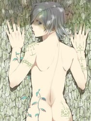 ass back blue_eyes color hands human looking_back male male_only nayu nude original short_hair solo tattoo trap white_hair