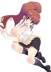 apron black_legwear blush bra bra_pull breasts breasts_out brown_eyes brown_hair female female_only footwear human kneehighs large_breasts legs lingerie long_hair looking_at_viewer lying matsumoto_noriyuki nipples on_side open_clothes open_mouth open_shirt payot ponytail shirt sideways simple_background sketch skirt smile socks solo taneshima_popura tied_hair tray underwear very_long_hair waitress white_shirt working!!