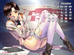 1girls 2001 blush breasts brown_hair calendar_(medium) clothing female female_only gainax human light-skinned_female light_skin looking_at_viewer maya_ibuki medium_breasts neon_genesis_evangelion nerv nipples panties pantyhose short_hair smooth_skin solo uniform wide_hips