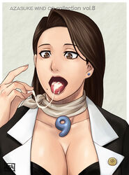 1girls ace_attorney ayasato_chihiro azasuke beauty_mark breasts brown_eyes brown_hair business_suit capcom cleavage cum cum_in_mouth cum_on_tongue cum_string earrings formal gyakuten_saiban highres jewelry long_hair magatama mia_fey mole necklace open_mouth scarf solo straight_hair suit tongue