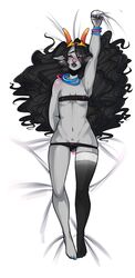 1girls black_hair black_lipstick black_panties blush bracelet breasts closed_eyes dakimakura fefairi feferi_peixes female fins grey_skin homestuck horns long_hair lying masturbation ms_paint_adventures nail_polish on_back panties pubic_hair pussy_juice rubbing sheet_grab single_thighhigh solo tiara toenail_polish troll white_background