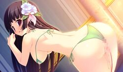 artist_request bikini black_hair blush cupless_bra flower hair_flower long_hair nipples pussy swimsuit