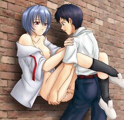 0-g_(0-g_labo) 1girls 2003 against_wall blue_hair blush breasts censored clothes clothing female footwear hair leg_hug leg_lock neon_genesis_evangelion open_clothes open_shirt partially_clothed penis pussy_juice red_eyes rei_ayanami sex shinji_ikari shirt short_hair small_breasts socks suspension vaginal_penetration white_shirt