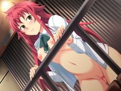 1girls bb blush bottomless breasts censored gonin!?_~pitari_to_tekichuu!_kyousei_uranai~ honda_naoki kouzuki_sumire large_breasts medium_breasts messy_hair necktie nipples pussy red_hair shirt smile source_request tie yellow_eyes