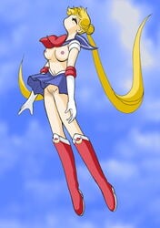 2008 bishoujo_senshi_sailor_moon blonde_hair boots bow breasts censored closed_eyes clothing elbow_gloves imaden nipples sailor_moon skirt small_breasts tied_hair topless twintails usagi_tsukino very_long_hair wind_lift