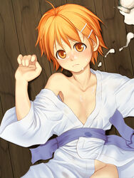 breasts clothed cum cum_on_body cum_on_breasts cum_on_upper_body facial female female_only flat_chest frown hair_ornament hairclip highres human inami_mahiru japanese_clothes kimono lying milk nipples no_panties on_back open_clothes open_kimono orange_eyes orange_hair sexually_suggestive short_hair solo tam2 wet working!!