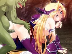 1boy 1girls all_fours blonde_hair blue_eyes blush breasts censored doggy_style game_cg green-skinned_male green_skin light-skinned_female light_skin long_hair monster nail_polish nipples open_mouth penis pussy rape sex thighhighs tongue torn_clothes troll vaginal_penetration valkyria wince wink