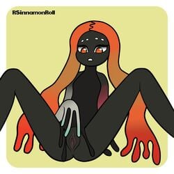 black_skin bottom_feeders fin_bottom_(splatoon) masturbation orange_eyes orange_hair rsinnamonroll simple_background splatoon splatoon_2