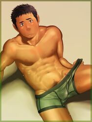 1boy bara blush green_underwear male male_only mentaiko penis pubic_hair solo sweat uncensored underwear undressing