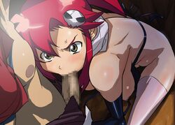 big_breasts bikini bra breasts censored elbow_gloves fellatio female gloves green_hair human ice_place kamina large_breasts lingerie long_hair male nude oral red_hair sex skull straight sweat swimsuit tengen_toppa_gurren_lagann underwear yoko_littner