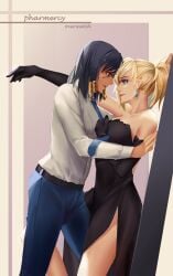 2girls against_wall belt black_dress black_eyes black_hair blonde_hair blue_eyes breasts button_down_shirt dress earrings elbow_gloves formal gloves iceky jeans large_breasts mercy necktie necktie_pull overwatch overwatch_2 pharah ponytail shirt short_hair side_slit white_shirt yuri