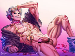 1boy abs adult adult_male artist_signature ass bent_knee body_hair collar cum_string dreadful_alibi gold_chain gold_jewelry grabbing_head guzma_(pokemon) hand_in_hair jacket_off_shoulders jacket_partially_removed knee_bent laying_down lying male male_focus male_only muscle muscular muscular_male nintendo nude nude_male penis pokemon pokemon_sm pokemon_usm presenting rose rose_(flower) rose_in_mouth rose_petals sexy shoes_only spiky_collar team_skull testicles white_hair