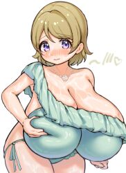 blush breasts brown_hair cleavage collar dot_nose female female_focus gigantic_breasts grabbing_own_breast huge_breasts impossible_clothes koizumi_hanayo leaning_forward love_live! lowleg mimiru_(mimiru6969) purple_eyes short_hair skindentation solo thick_thighs thighs wet white_background wide_sleeves