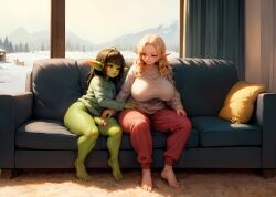 1futa 1girls ai_generated bare_legs barefoot big_breasts big_penis blonde_hair bottomless bottomless_futanari brown_eyes brown_hair clothed_female comfy couch cuddling elf futa_on_female futanari goblin goblin_futanari goblinenthusiast green_skin indoors living_room long_hair loving_gaze penis pointy_ears reaching_for_penis reaching_towards_another self_upload shortstack sitting snow sweater sweater_puppies thick_thighs wholesome window winter