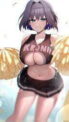 1girls blue_eyes blue_hair breasts cheerleader cheerleader_uniform cleavage female hi_res hololive hololive_english hololive_english_-council- hololive_english_-promise- huge_breasts kotodekun light-skinned_female light_skin ouro_kronii short_hair smile thick_thighs virtual_youtuber wide_hips