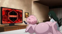 2girls big_ass casual_nudity clothed clothing edit looking_at_television looking_at_tv lying lying_on_bed lying_on_stomach mina_ashido multiple_girls my_hero_academia nerota nude screenshot_edit sitting tsuyu_asui