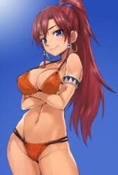 1girls bare_legs bare_midriff bare_shoulders bare_thighs barefoot bellows_(suisei_no_gargantia) belly_button big_breasts bikini bikini_bottom bikini_top blue_eyes blue_sky blush bracelet cleavage clouds earrings female female_only hoop_earrings human long_hair lowres midriff navel orange_bikini orange_bikini_bottom orange_bikini_top ponytail red_hair silver_bracelet solo suisei_no_gargantia tan_skin thick_thighs tribal_bracelet