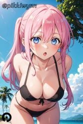 ai_generated arms_behind_back bangs bare_shoulders beach bikini black_bikini blue_eyes blue_sky blush breasts cleavage cloud collarbone cowboy_shot day female front-tie_bikini_top front-tie_top hair_between_eyes kawaii_dake_ja_nai_shikimori-san large_breasts leaning_forward long_hair looking_at_viewer navel open_mouth outdoors palm_tree pikkiwynn pink_hair ponytail shikimori_(kawaii_dake_ja_nai) shikimori_micchon sky solo swimsuit tree