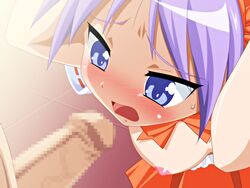 blue_eyes blush breasts censored dress game_cg japanese_clothes kagami_hiiragi lucky_star nipples possible_duplicate purple_hair