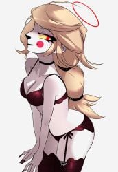 blonde_hair bra breasts charlie_morningstar_(hazbin_hotel) female hazbin_hotel jesterwing lingerie panties partially_clothed red_eyes side_view solo standing thighs twitter