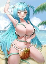 1girls absurd_res armpits azur_lane beach belly_button bikini bikini_bottom bikini_top blue_fingernails blue_hair blush breasts clouds coconut coconut_drink eyebrows_visible_through_hair feet female female_only huge_breasts kanesada_dp kneeling light-skinned_female light_skin long_hair looking_at_viewer navel navel_fetish navel_spread neptune_(azur_lane) one_arm_up palm_tree royal_navy_(azur_lane) sand sea sky spread_navel swimsuit swimwear thick_thighs tights yellow_eyes